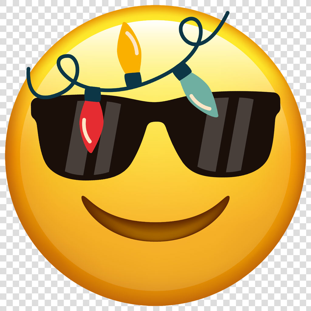 A yellow smiley face wearing black sunglasses with Christmas lights on its head