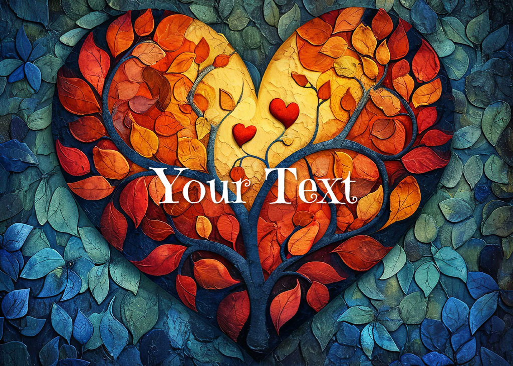A mosaic heart-shaped tree with orange and red leaves on a blue leafy background.