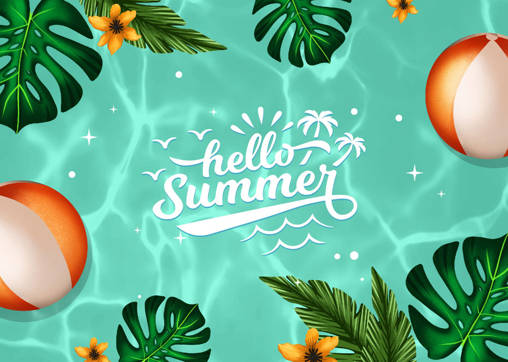 Hello Summer graphic with beach balls and leaves