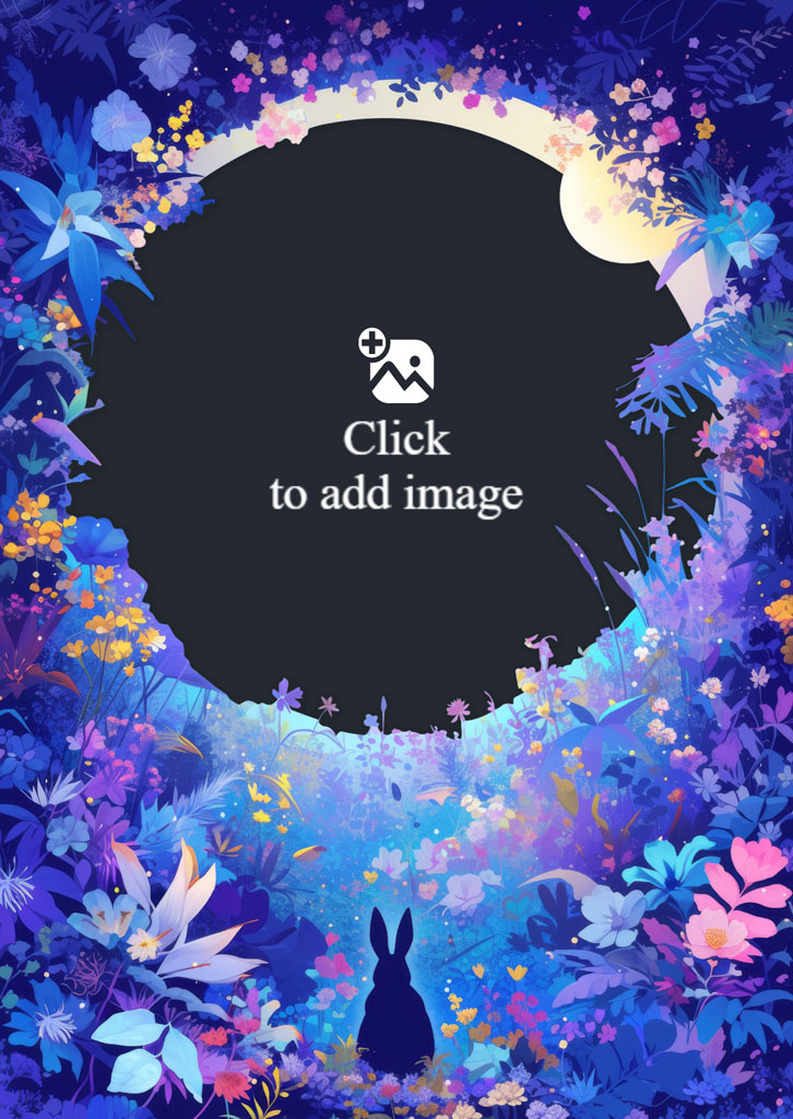 A black silhouette of a rabbit in a garden surrounded by flowers and foliage under a large moon.
