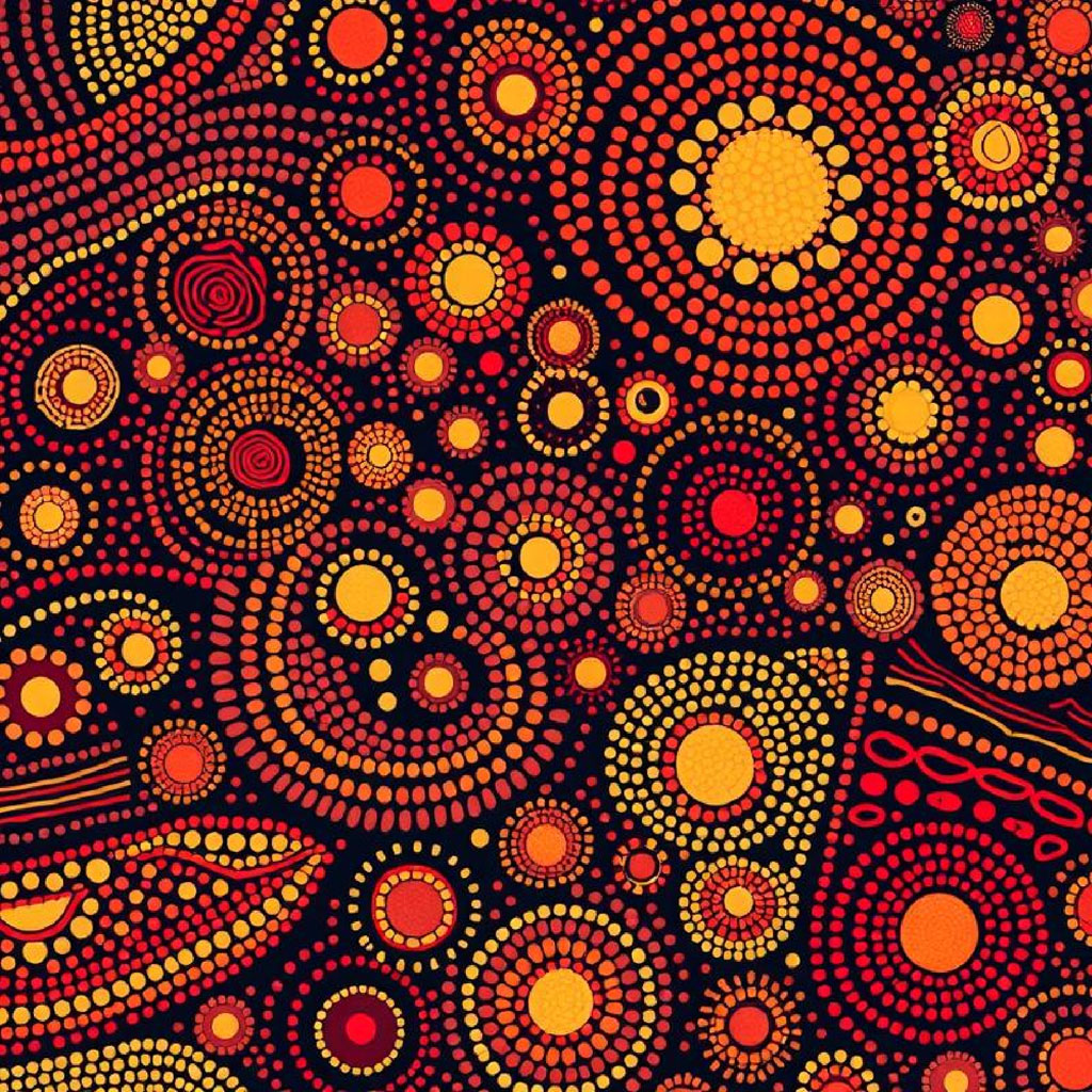 A colorful Aboriginal art pattern with red, orange, and yellow dots on a black background