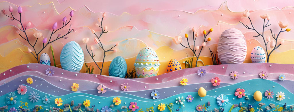Colorful Easter eggs and blooming flowers in a stylized landscape.