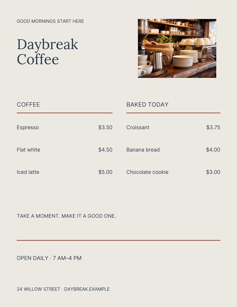 Preview for Daybreak Coffee Letter Menu / Price List Template