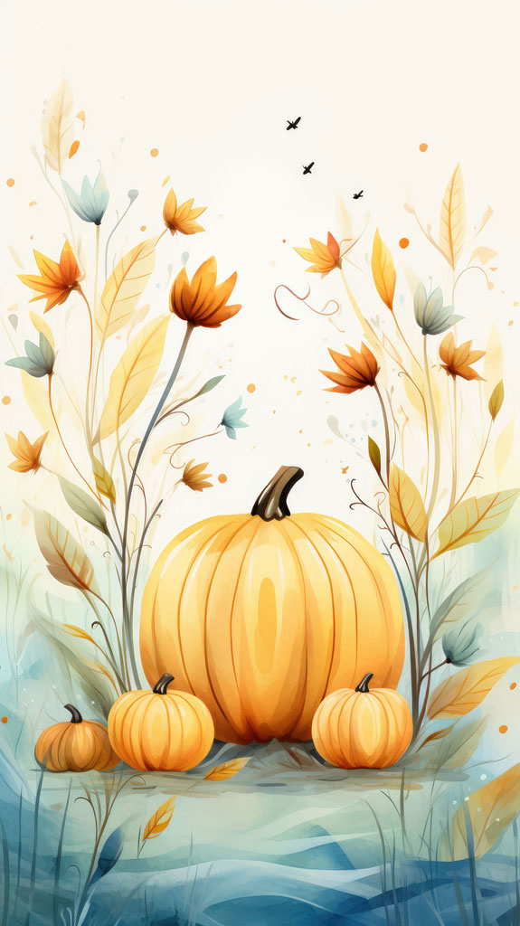 Watercolor painting of orange pumpkins surrounded by autumn flowers and leaves.