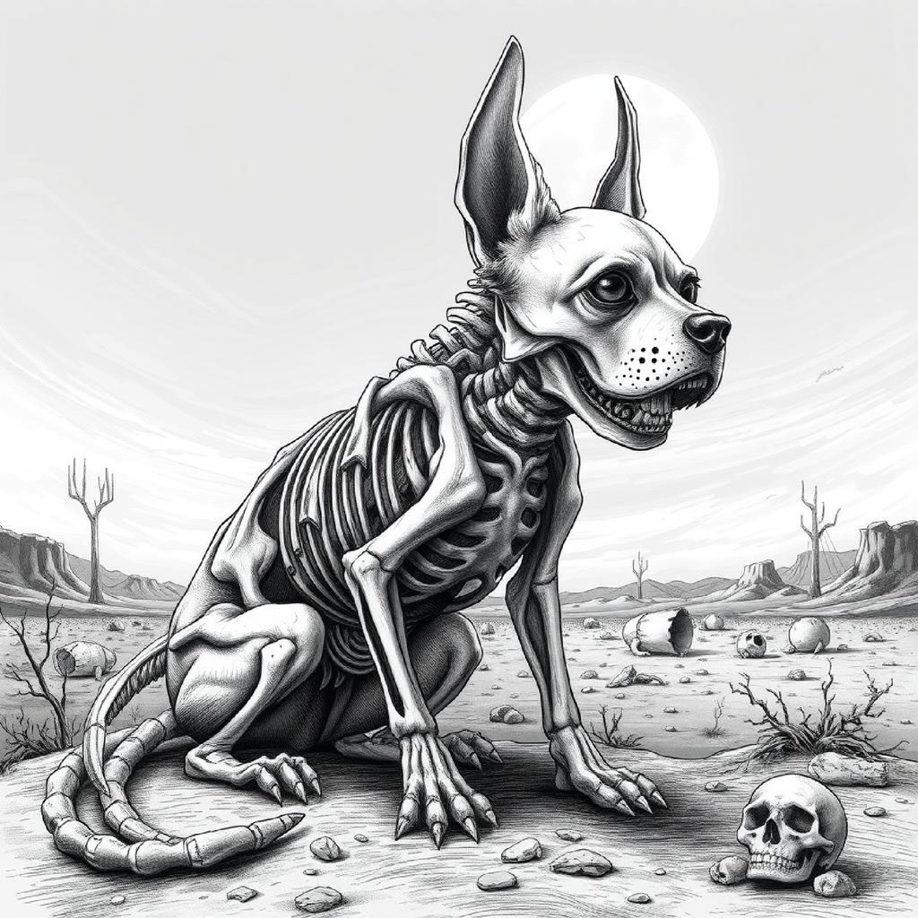 A detailed black and white drawing of skeletons and skulls in a dark landscape with a full moon.