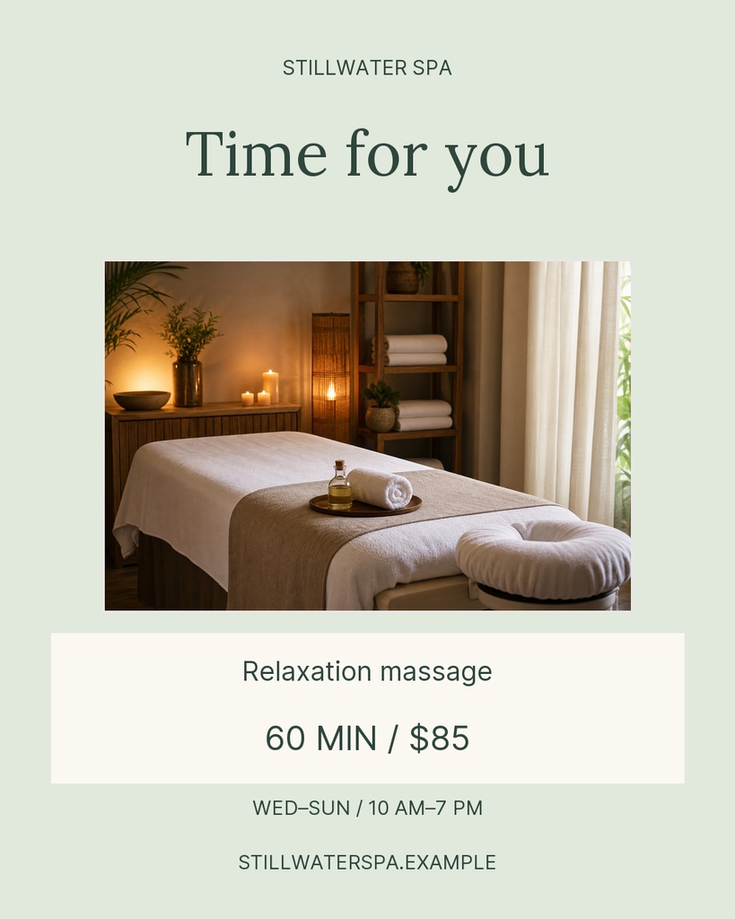 Minimal spa promotion poster with massage room photo, time for you headline, and pricing details.
