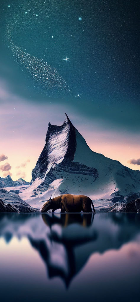A majestic mountain peak under a starry night sky with an elephant standing by a calm lake.