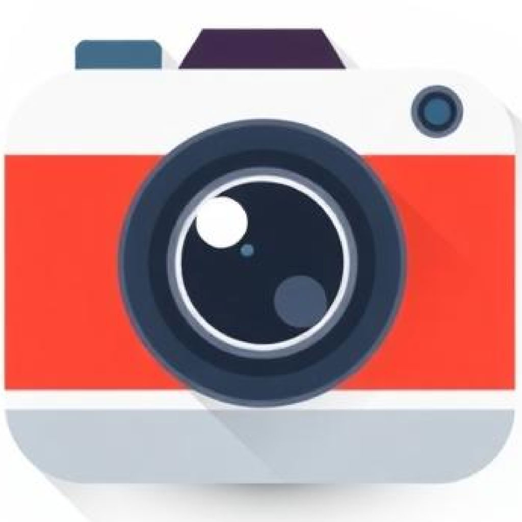 A stylized camera icon featuring a red stripe and a large lens.