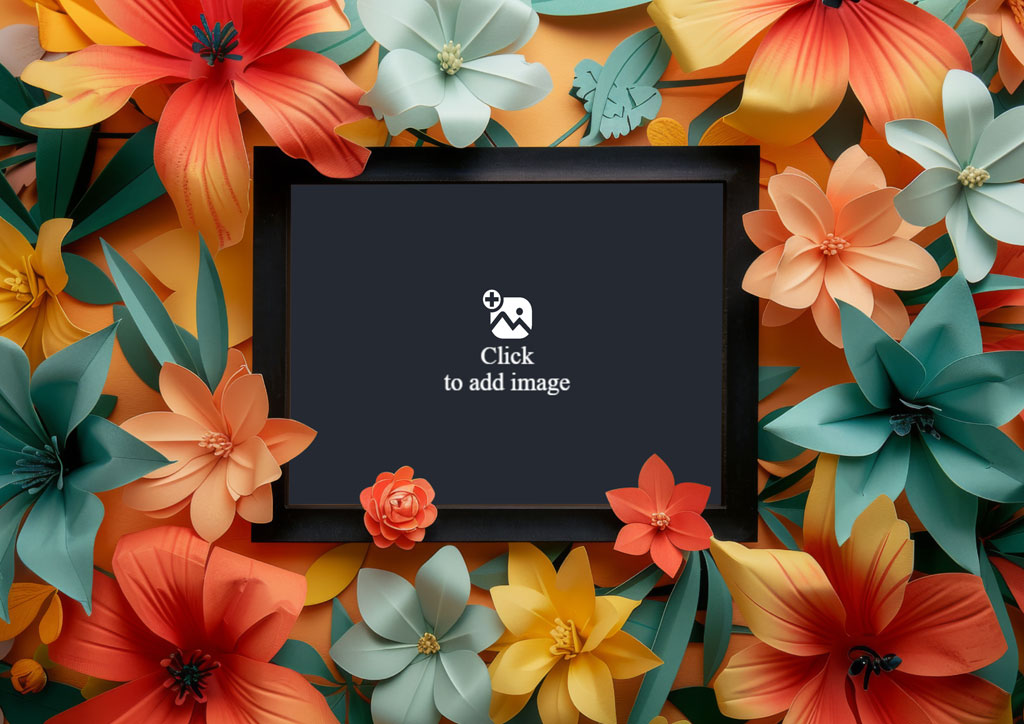 Colorful flowers and leaves surrounding a black frame