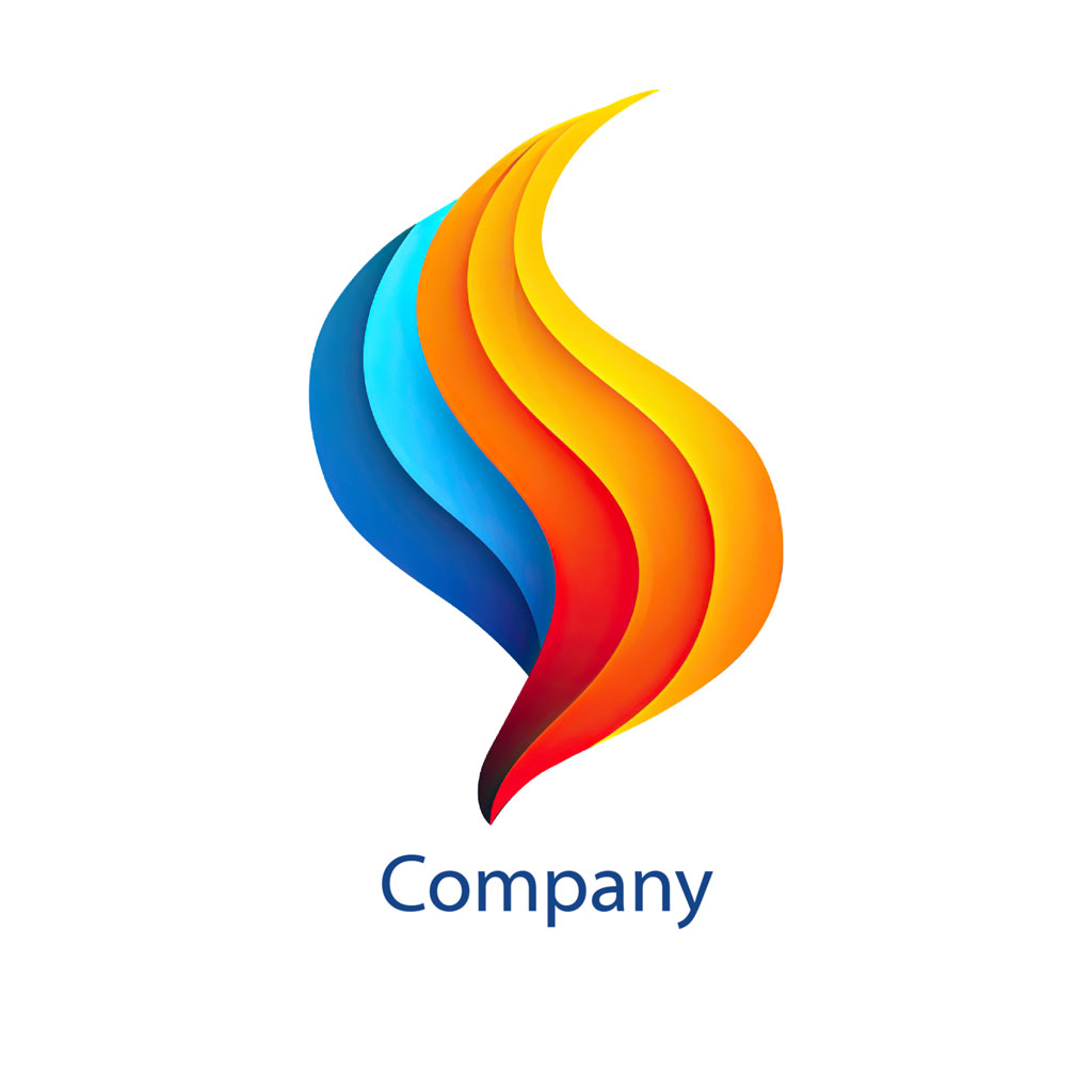 A stylized flame logo with a gradient of blue, light blue, orange, and yellow colors.