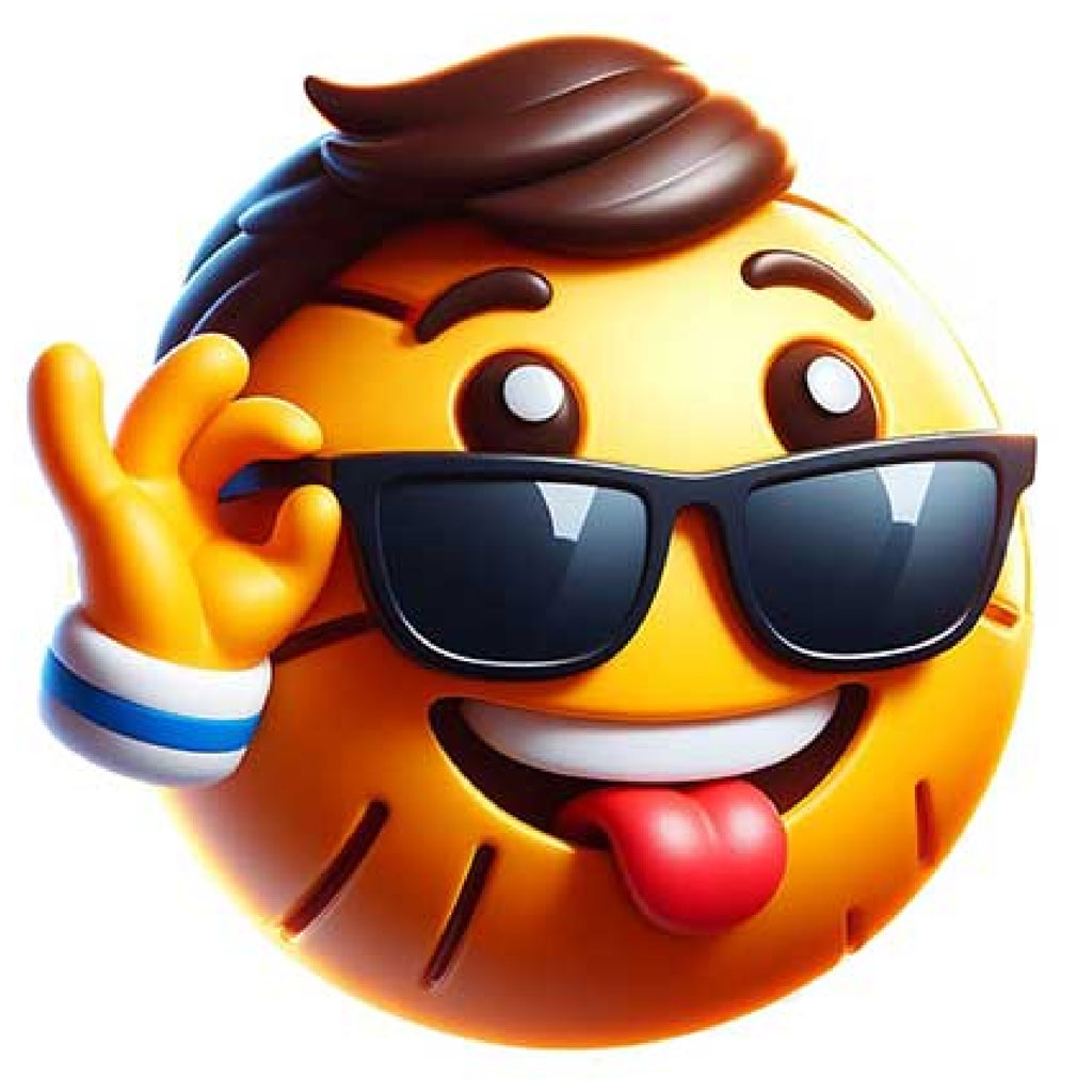 A smiling emoji with sunglasses and brown hair making a casual hand gesture.