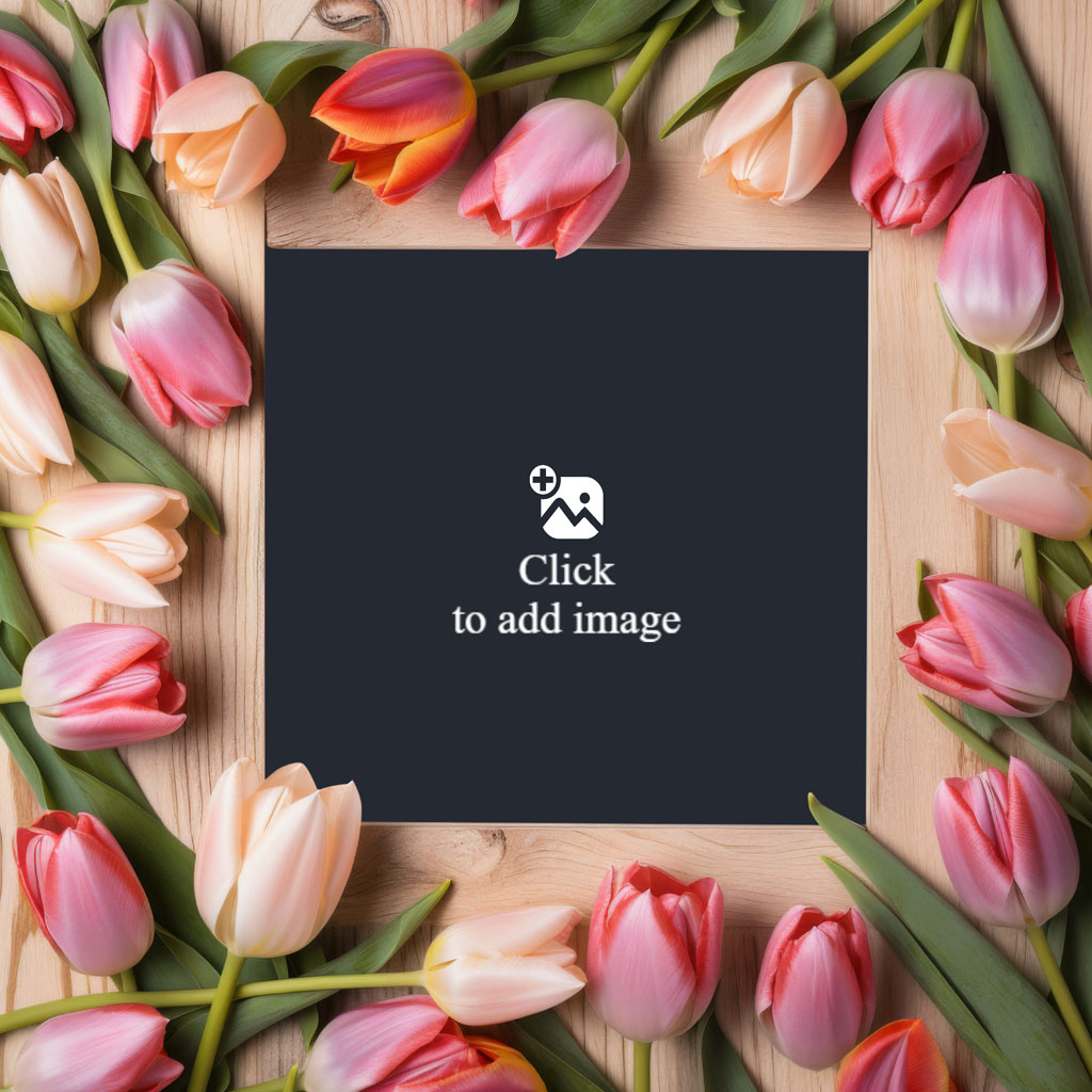 Tulips framing a black square on a wooden table