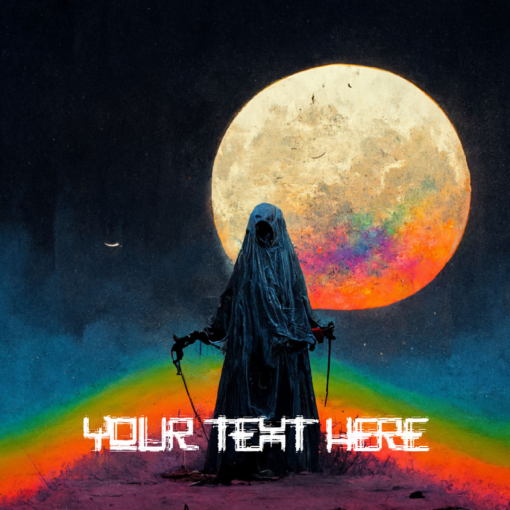 Hooded figure with scythes under a colorful moon