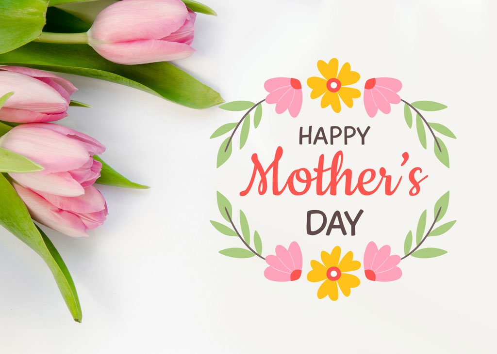Happy Mother's Day greeting with pink tulips and floral wreath