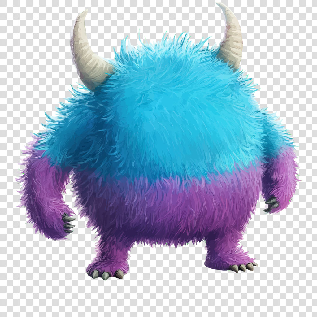 A blue and purple furry creature with horns