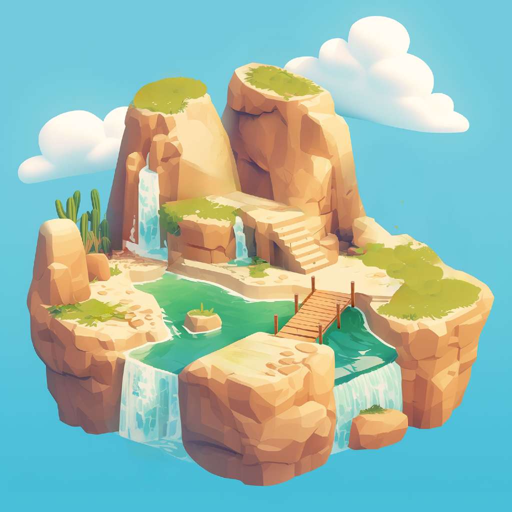 A 3D illustration of a serene island with waterfalls and a wooden dock.