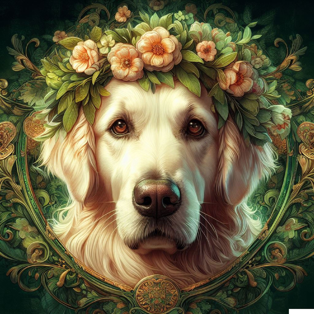 A black and white chihuahua with large ears and tongue out, surrounded by flowers and leaves on a green background.