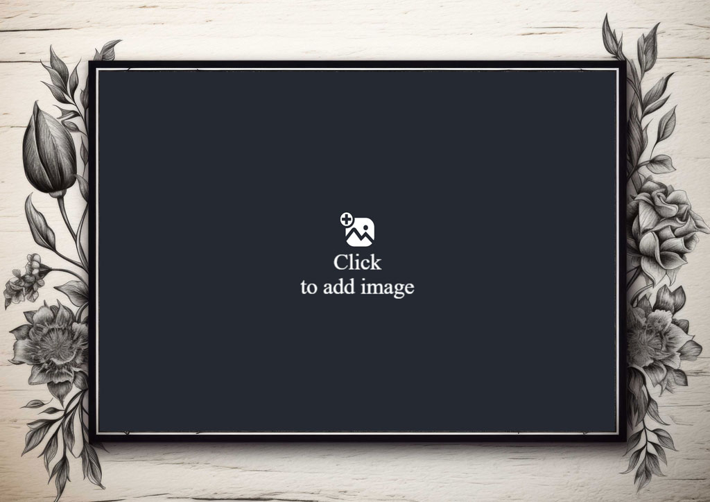 Black frame with floral illustrations on a wooden background