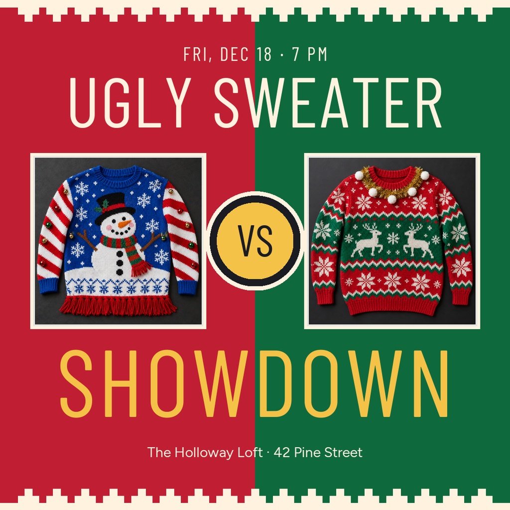Square red and green holiday party poster with two ugly sweaters and a center versus badge.