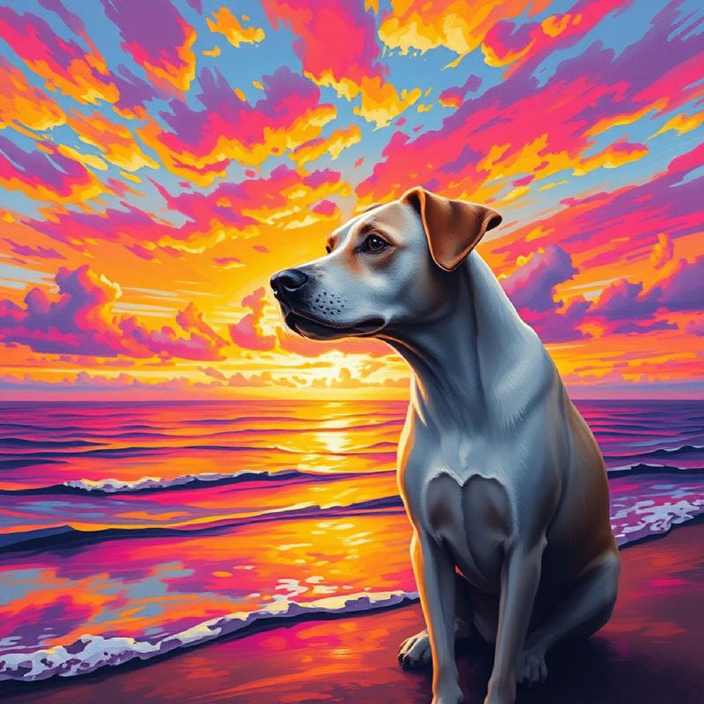 A colorful digital painting of a beach at sunset with a bright sky and calm sea.