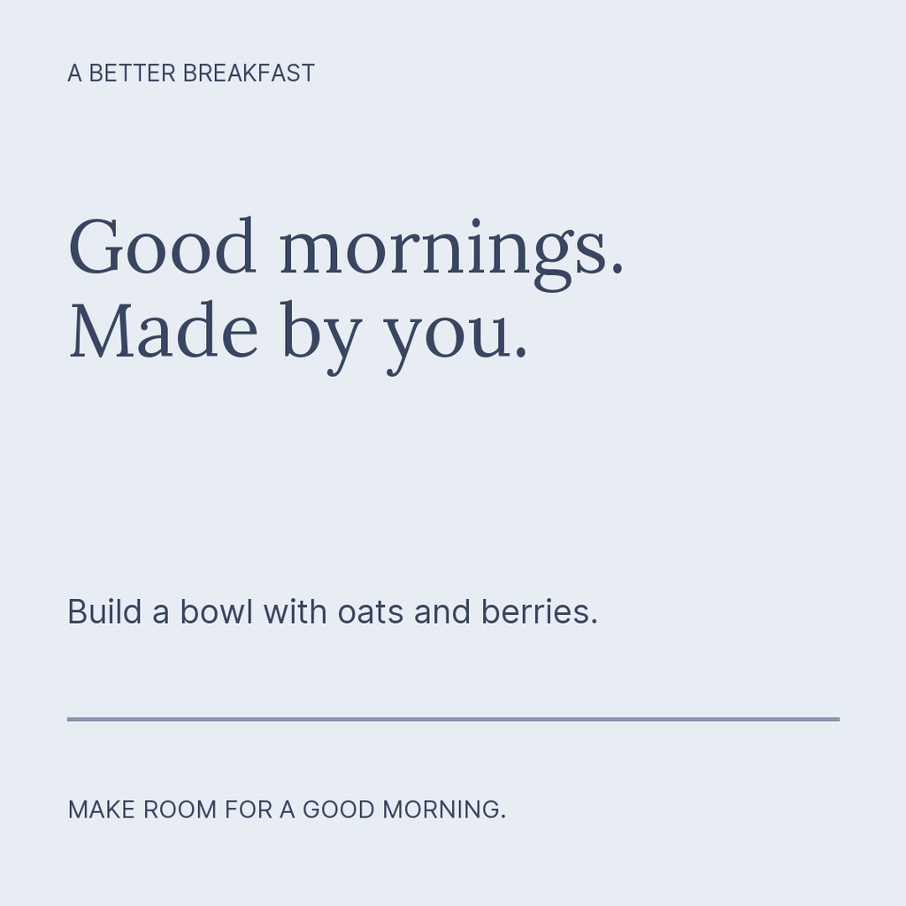 Minimal square post with the text Good mornings. Made by you. and a breakfast message.