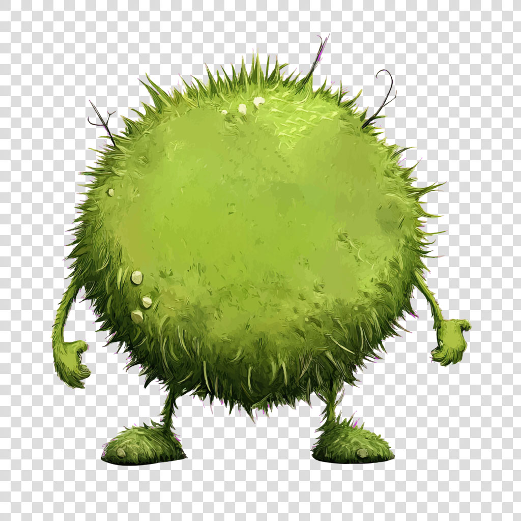 A green, fuzzy creature with a round body and small limbs