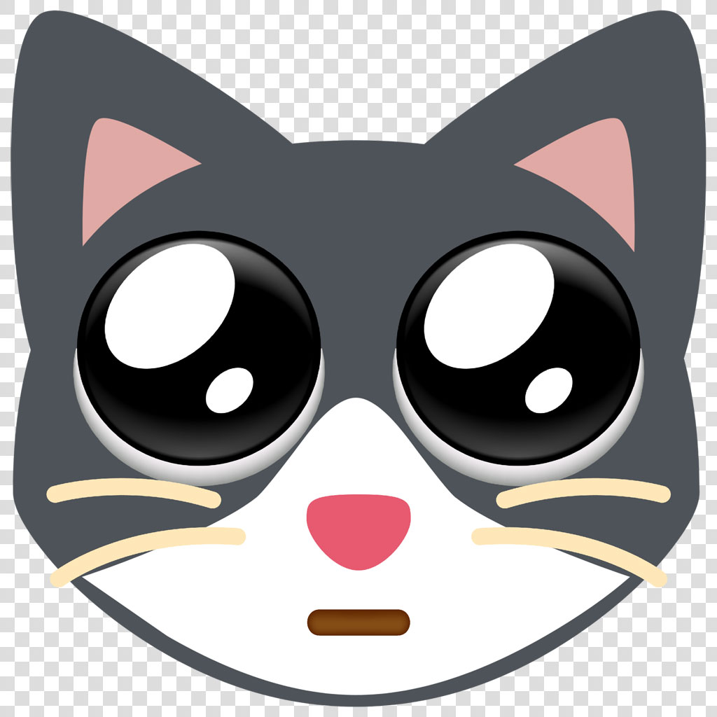 Cartoon cat face with big eyes and pink nose