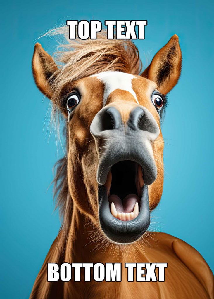 A brown horse with a shocked expression and open mouth against a blue background.