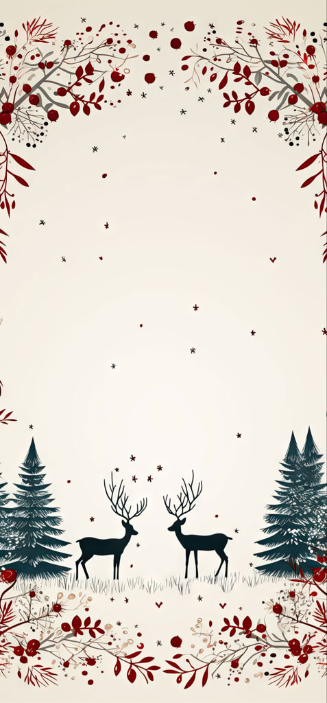 Illustration of a winter forest with two deer and evergreen trees