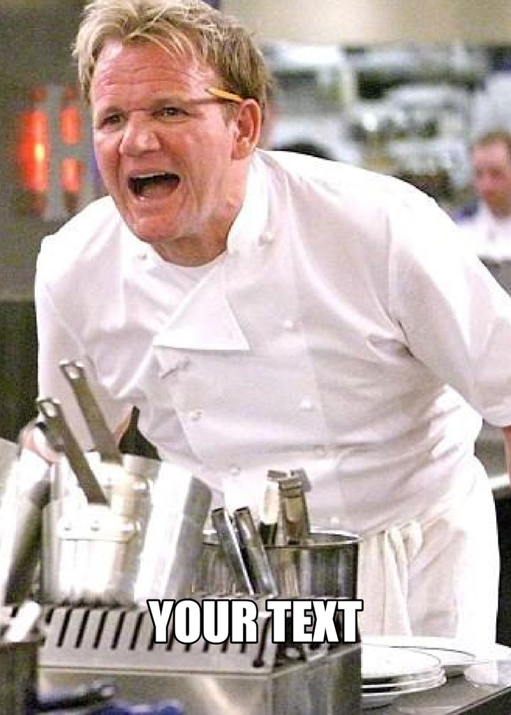 Gordon Ramsay yelling with cooking utensils on the counter