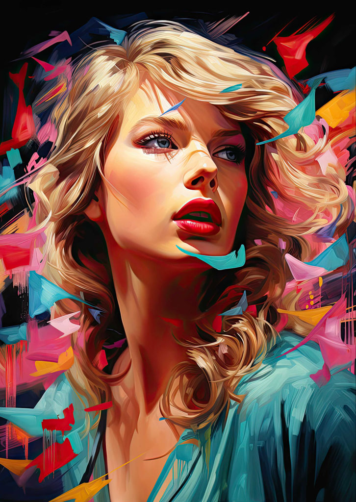 A digital painting of a blonde woman with a blue shirt and abstract colorful background.