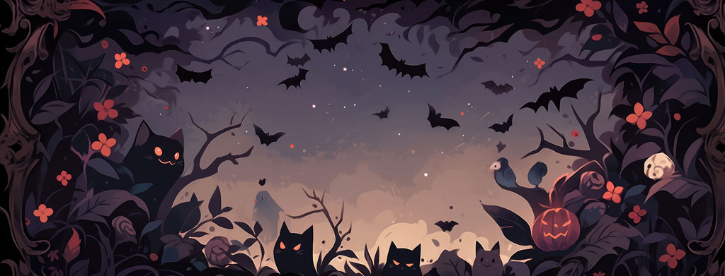 A Halloween-themed illustration featuring bats flying in the sky, cats, and pumpkins surrounded by dark trees and flowers.