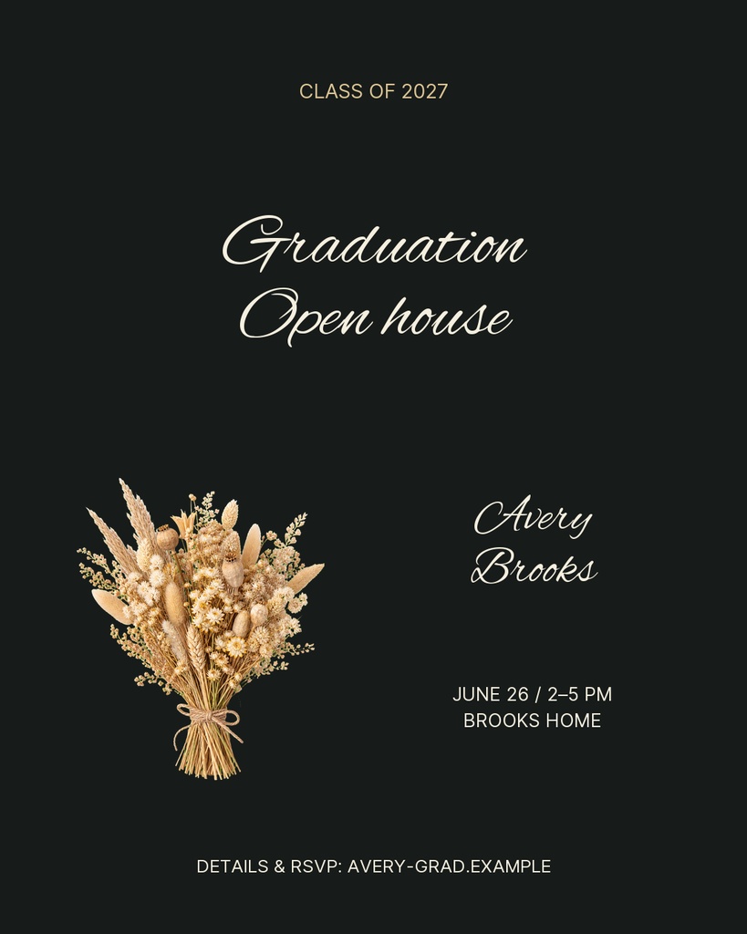 Dark graduation open house template with beige floral bouquet and Class of 2027 text
