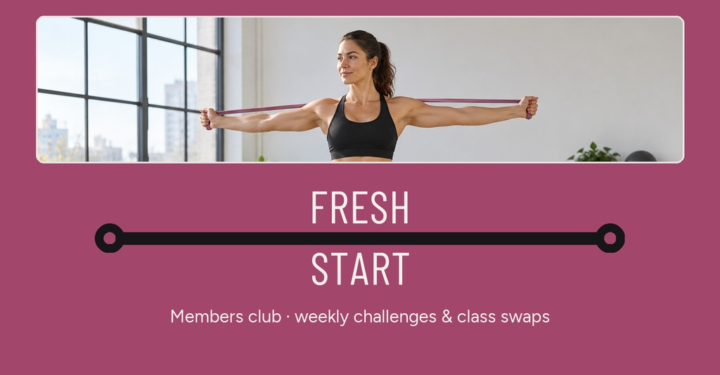 Woman stretching in a bright studio above a bold Fresh Start title on a pink fitness banner.