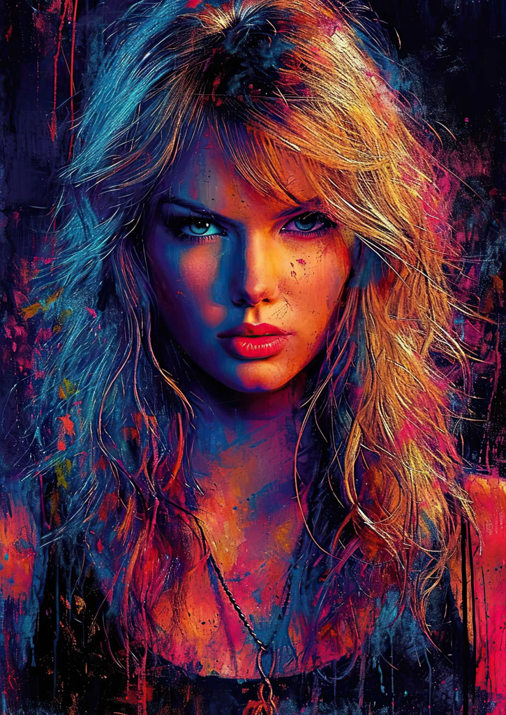 A close-up portrait of a woman with long blonde hair and a necklace, surrounded by vibrant colors.