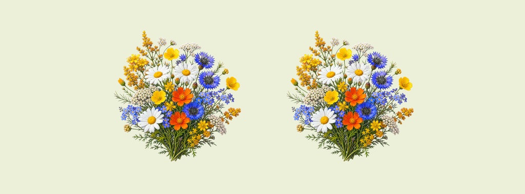 Two colorful wildflower bouquets on a pale background with wide landscape spacing.