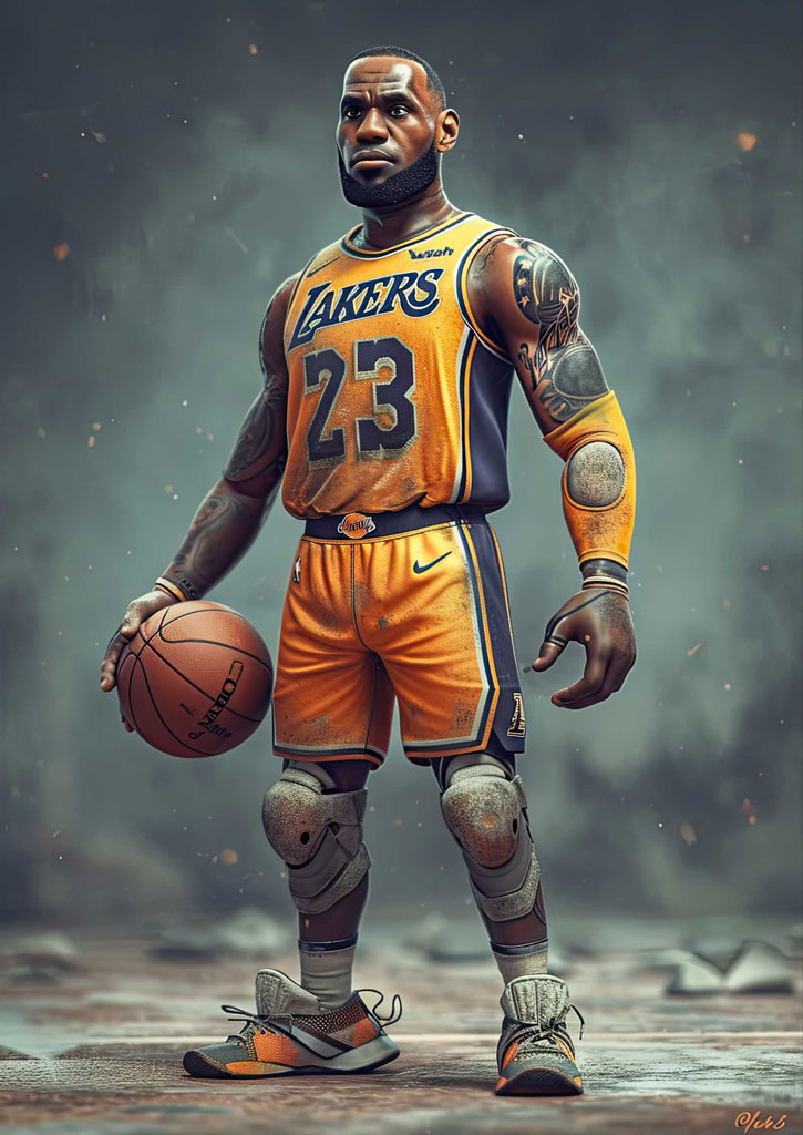 LeBron James in Lakers uniform holding a basketball
