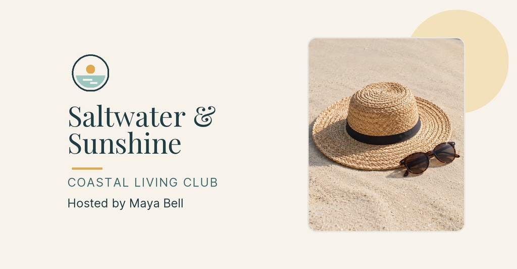 Minimal beach cover with straw hat, sunglasses, and saltwater and sunshine text