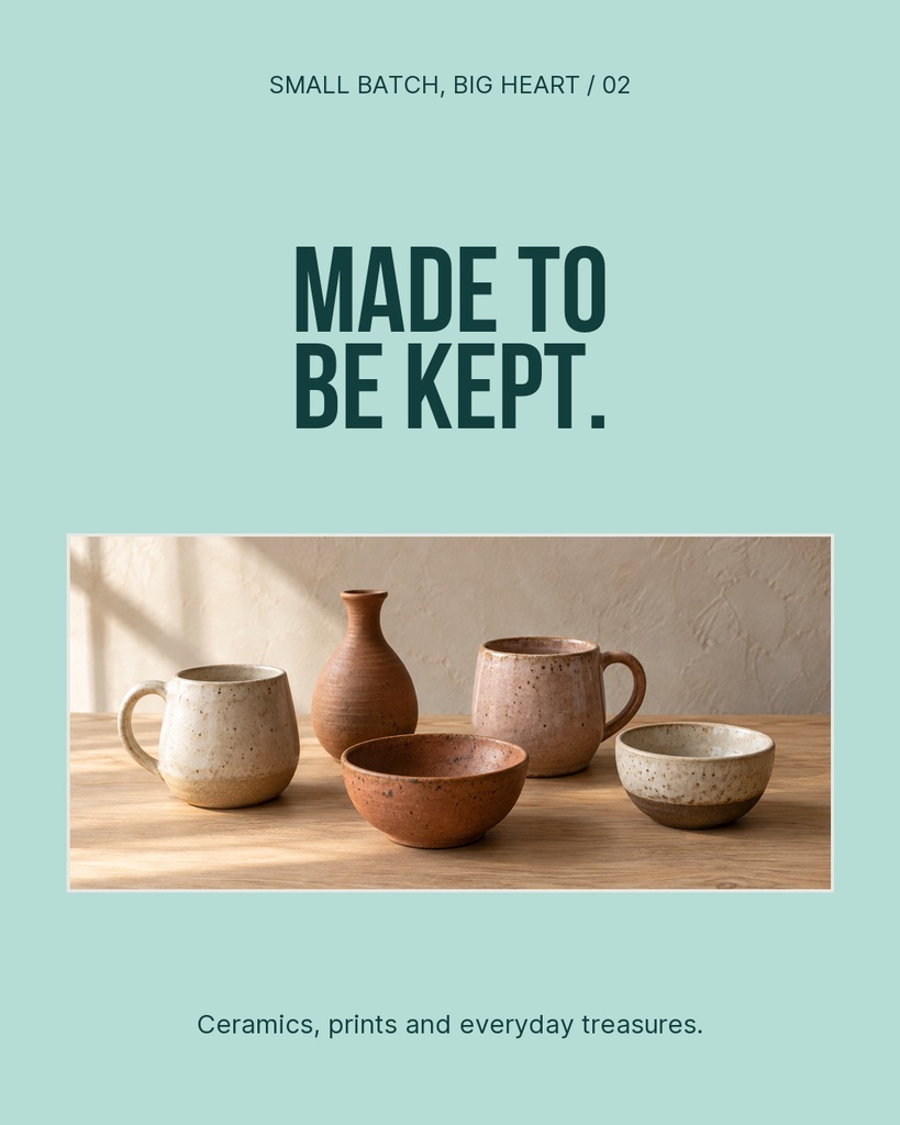 Portrait social template with pottery photo, headline text, and soft mint background.