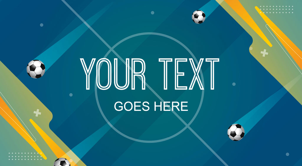 A blue soccer field with soccer balls and geometric shapes