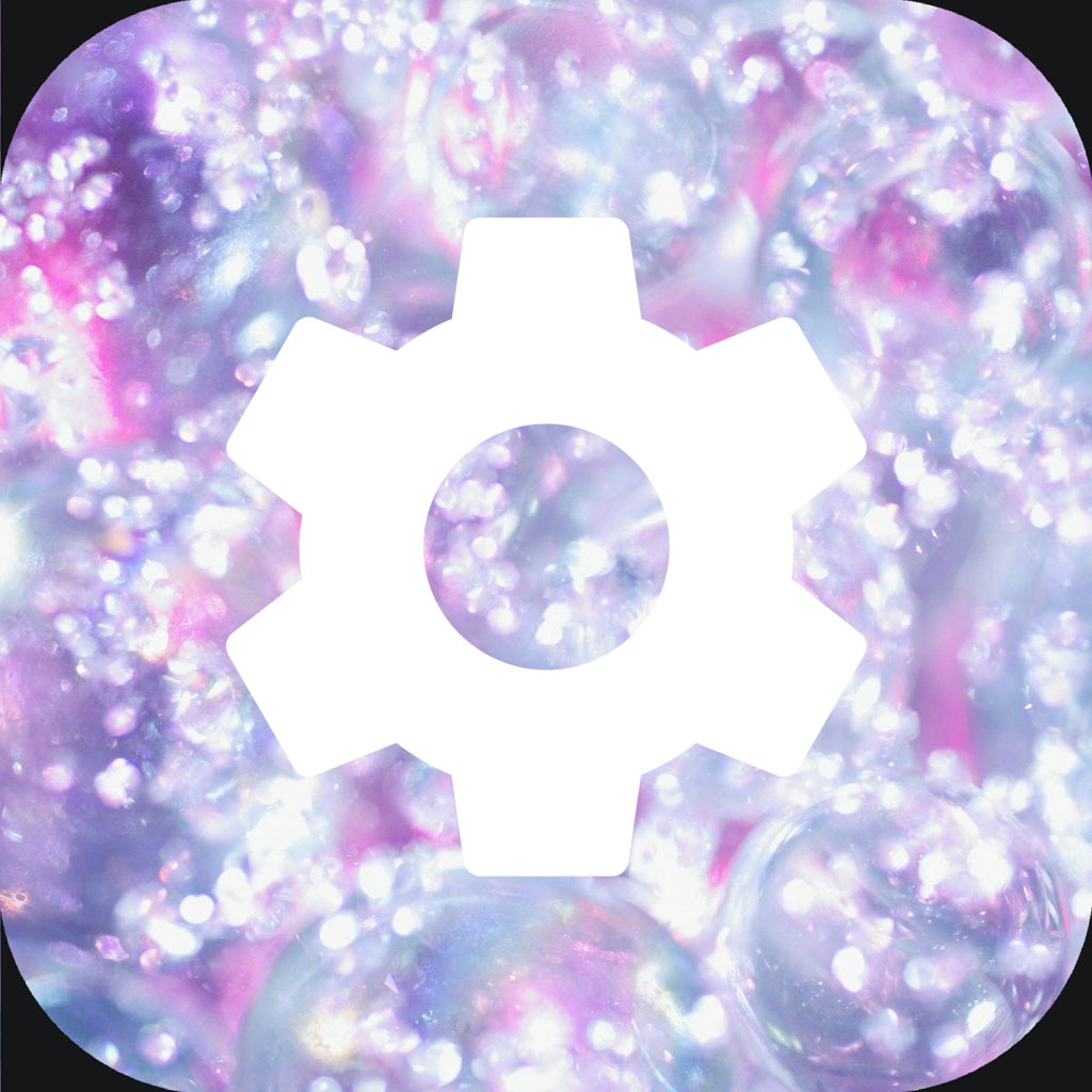 White gear icon on a shimmering, multicolored background