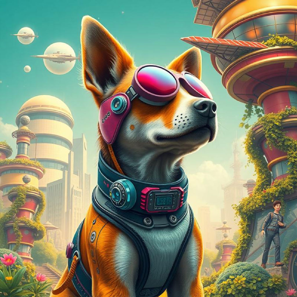 Man in yellow and green jacket with futuristic headgear standing in a futuristic city