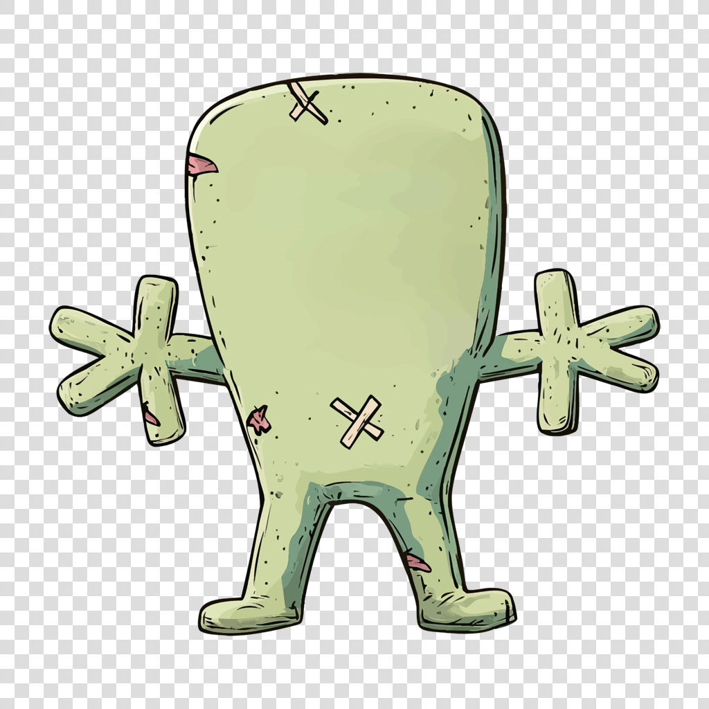Cartoon zombie character with stitched body and outstretched arms
