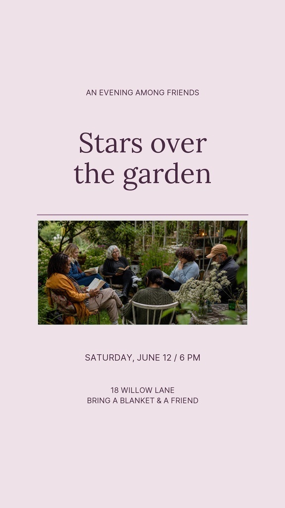 Portrait invitation design with the text Stars over the garden above a small outdoor gathering photo.