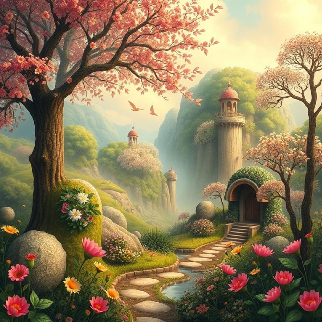 A fantasy landscape with a tower and blooming flowers