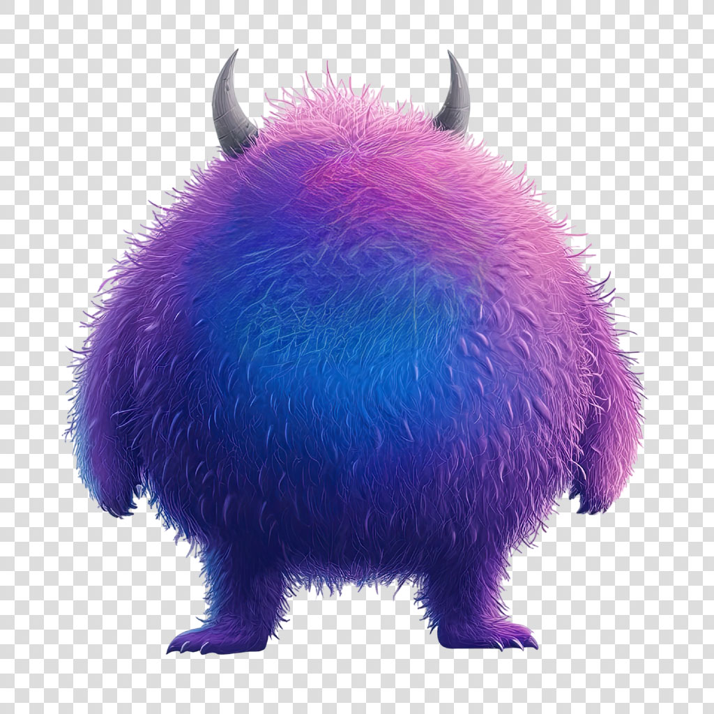 A digital illustration of a round, furry monster with two horns and a colorful gradient fur.