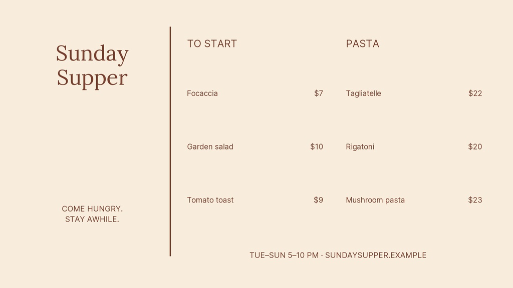 Preview for Sunday Supper Digital Menu Board Template