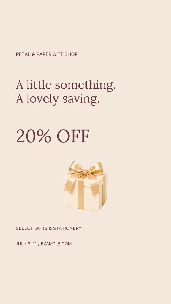 Minimal beige Instagram story with 20% off text and a wrapped gift box illustration.