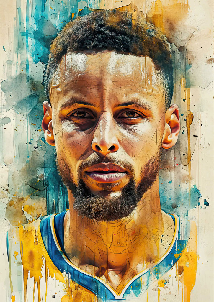 Watercolor portrait of Stephen Curry wearing a blue and yellow jersey