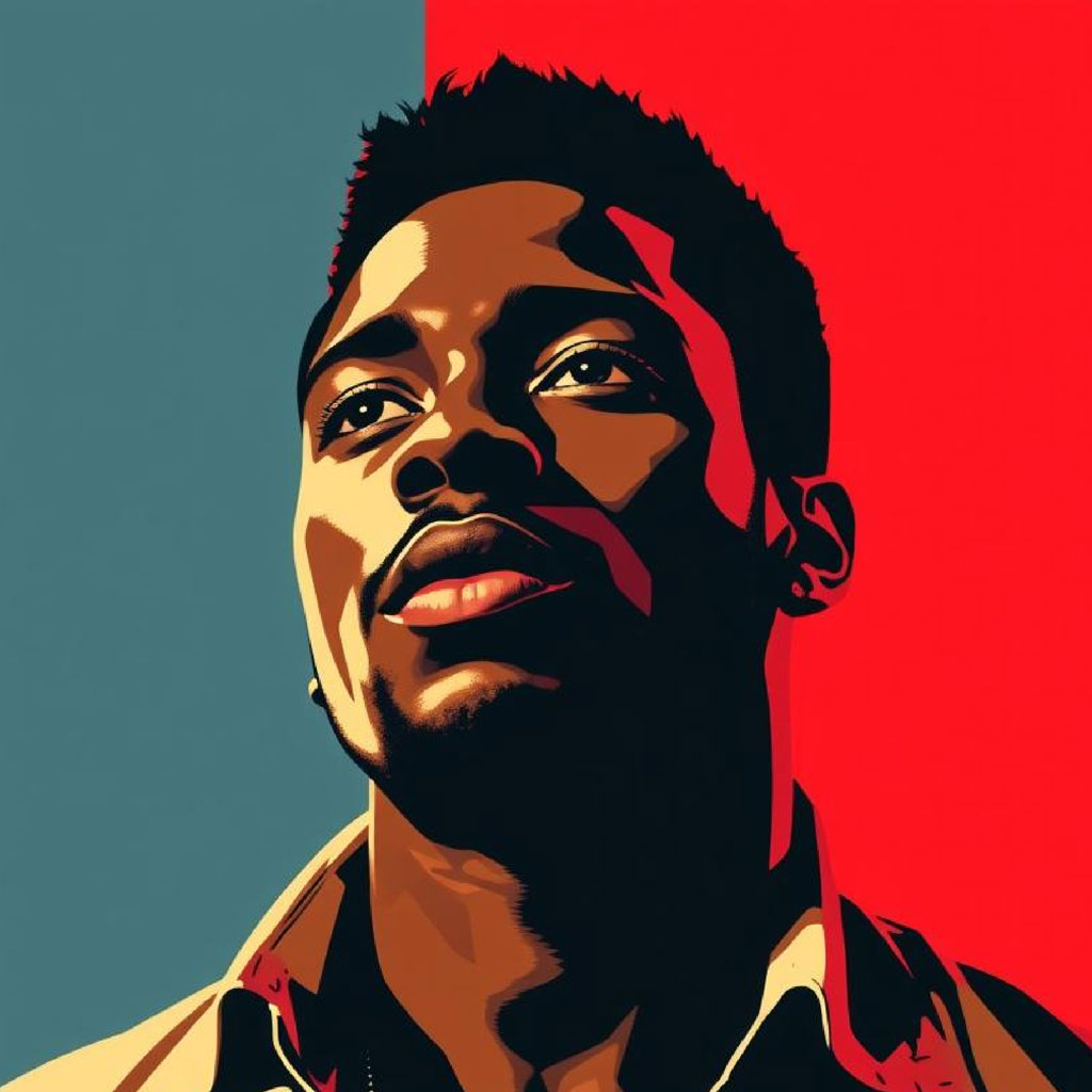 Illustration of a man's face with a mix of teal and red background